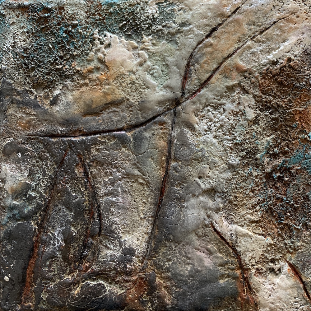 Abstract materieschilderij “The Making of Obsidian 2” van Chantal Peters – rijk aan textuur en aardse tinten