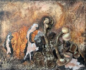 Abstract Materie Schilderij “Playing with Nature” van Chantal Peters – organische vormen met paddenstoelen en structuur