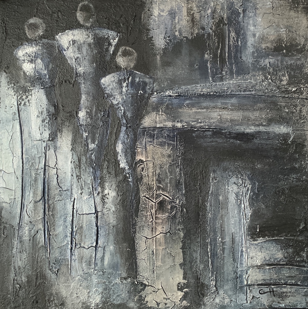 Figurative matter painting “Out of Darkness” by Chantal Peters – expressive figures and textured crackle layers