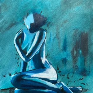 Figurative painting “Girl in Blue” by Chantal Peters – contemplative nude in blue tones