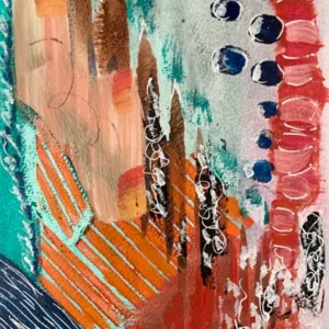 Mixed media abstract van Chantal Peters – oranje lijnstructuur met expressieve accenten