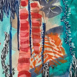 Mixed media abstract van Chantal Peters – levendige rood-blauwe patronen met bloemaccenten