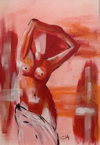 Mixed media schilderij “Girl in Red” van Chantal Peters – expressief vrouwelijk figuur in roodtinten