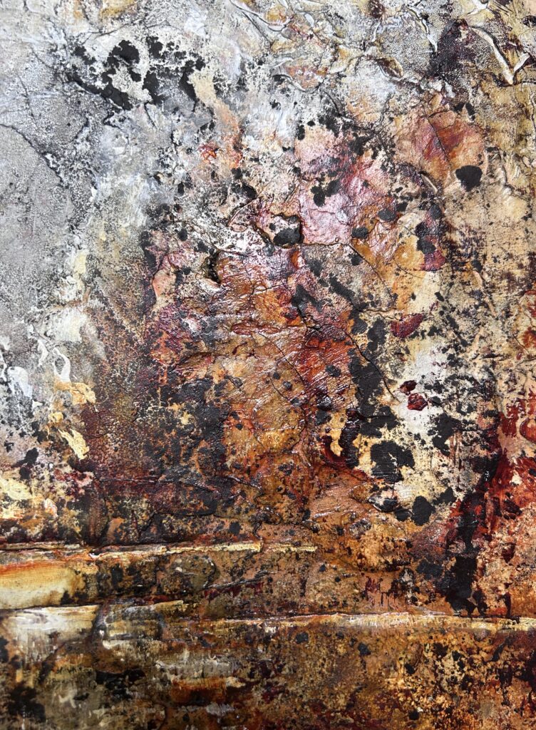 Close-up of the earthy rust and bitumen layers in "From Waste to Presence" with rich pigments and cracked surfaces
