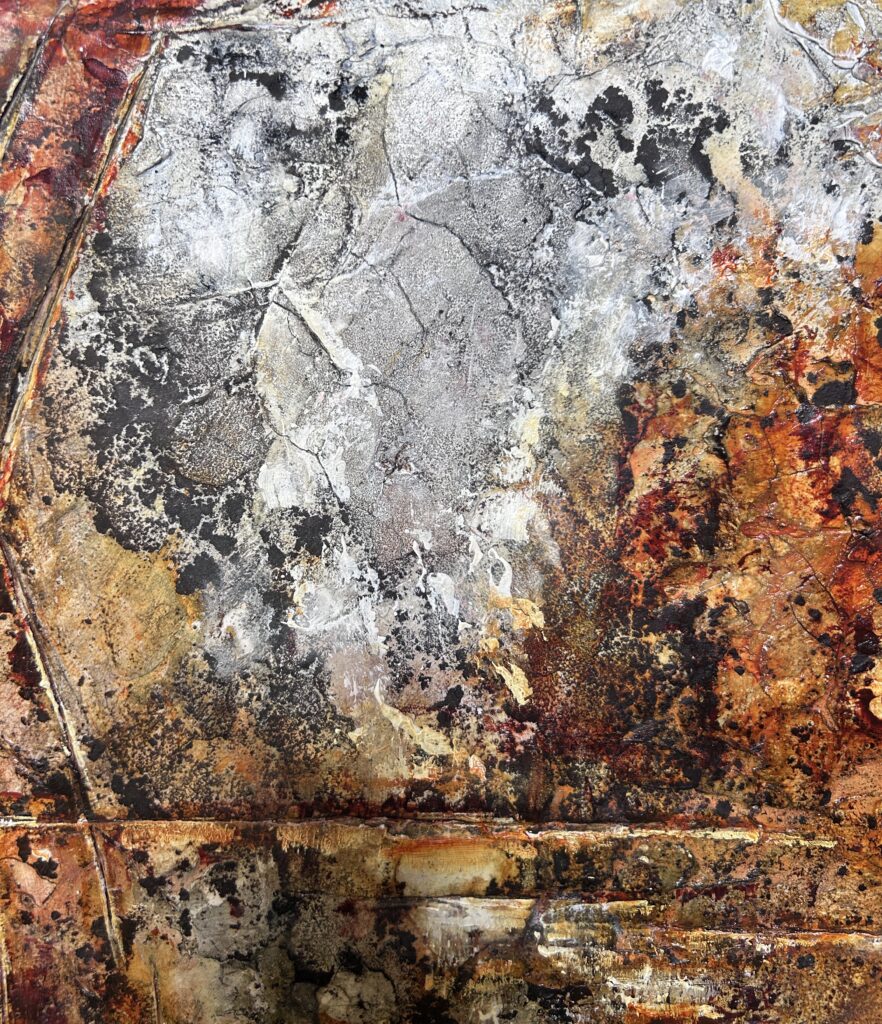 Detail of the grey lime surface in "From Waste to Presence" showing natural craquelé and layered mineral textures