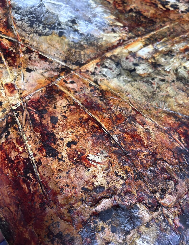 Detail of incised lines and intersecting textures in the matter painting "From Waste to Presence"
