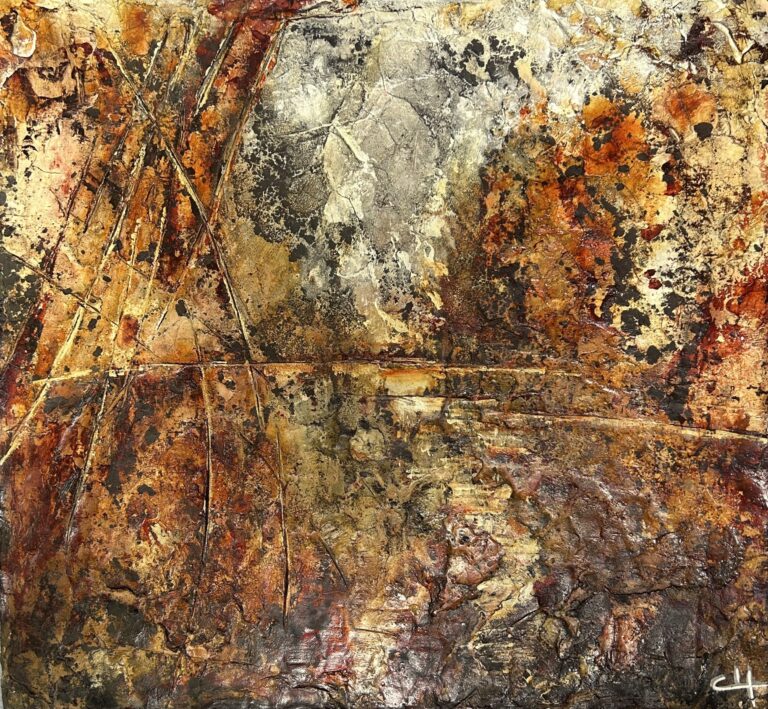 Matter painting on upcycled packaging cardboard with lime, marble powder and layered pigments, featuring natural craquelé and relief textures